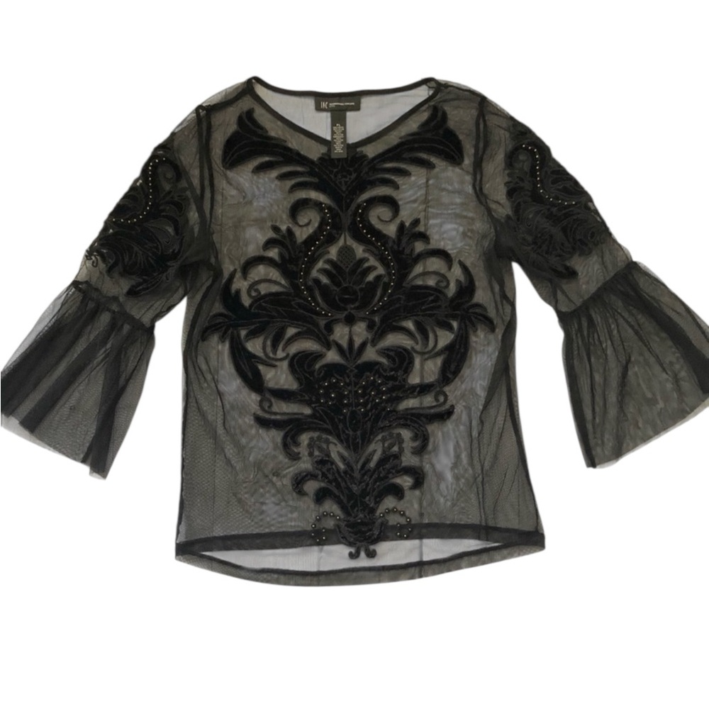 INC Black Mesh Velvet Appliqué See Through Top Blouse. Petite,Vintage,Y2K, Goth - Picture 7 of 15